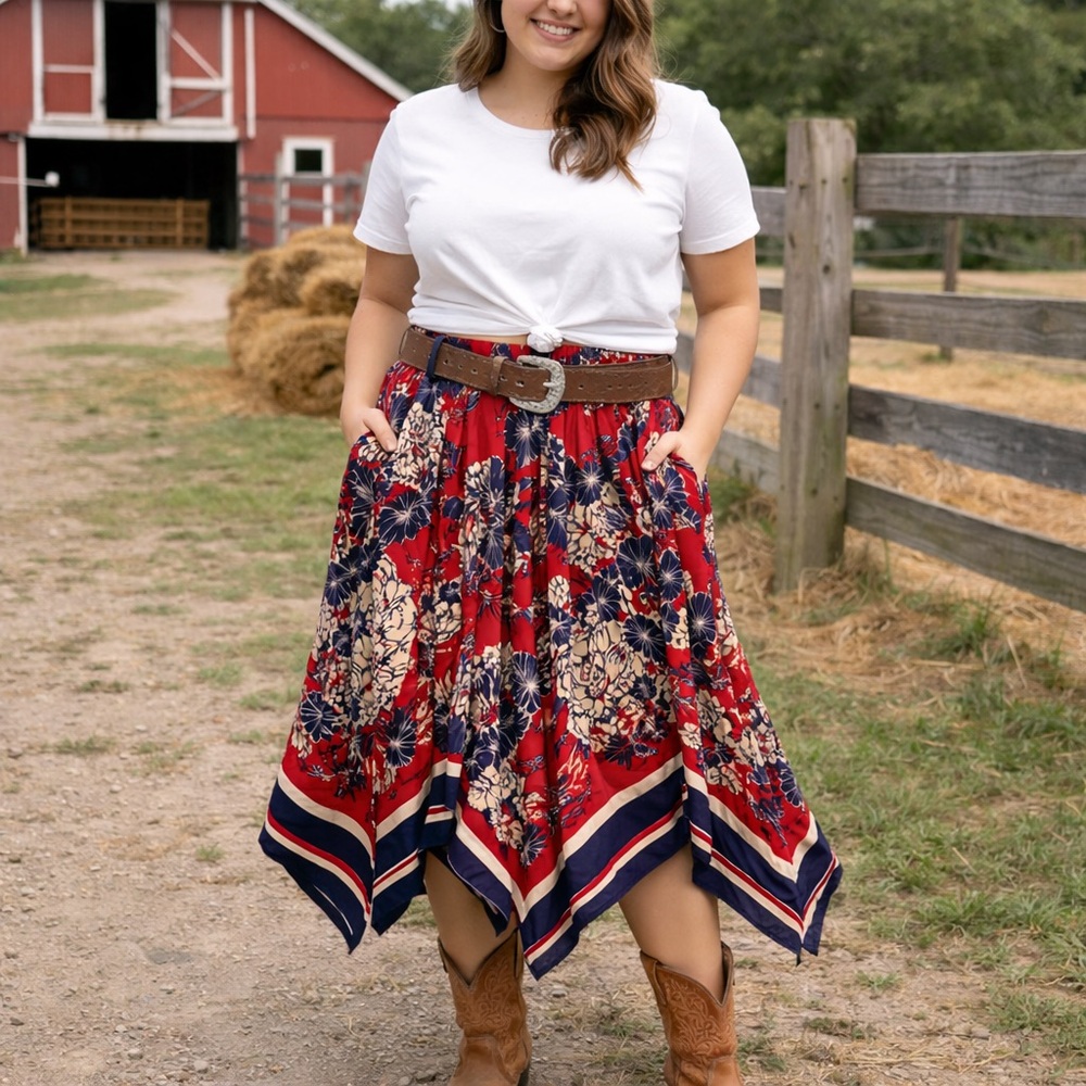 Denim 24/7 Red Floral Handkerchief Hem Skirt – 28W Petite - Picture 3 of 12